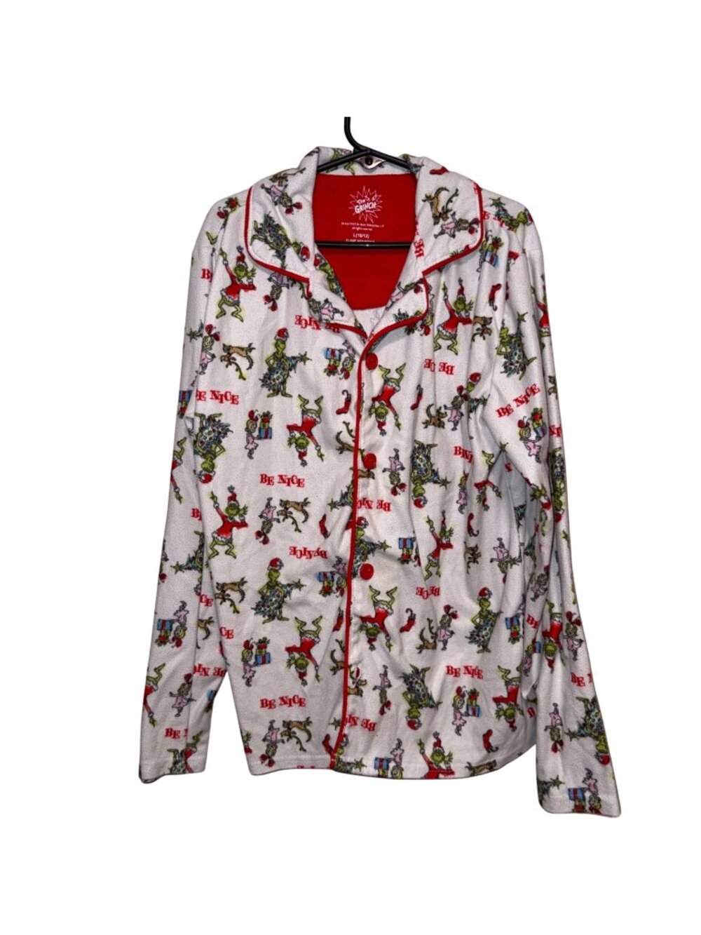 Dr. Seuss The Grinch Kids Holiday Pajama Top Size L (10/12) White Red Be Nice